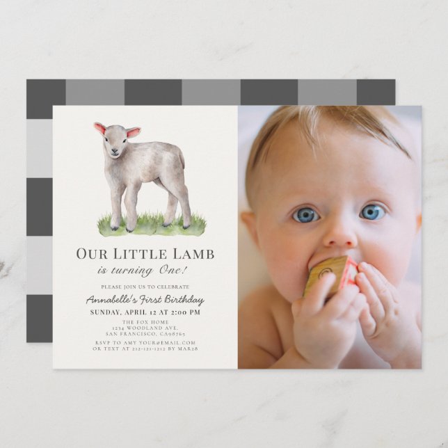 Little Lamb 1st Birthday Photo Invitation (Front/Back)