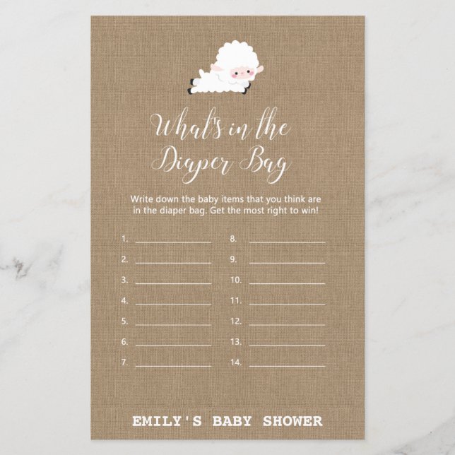 Little Lamb Baby Shower Game PRINTED (Front)