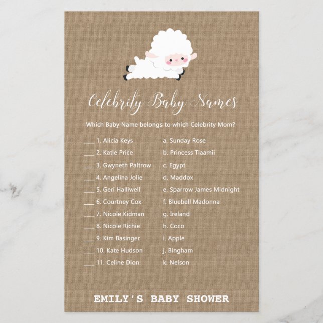 Little Lamb Baby Shower Game PRINTED (Front)