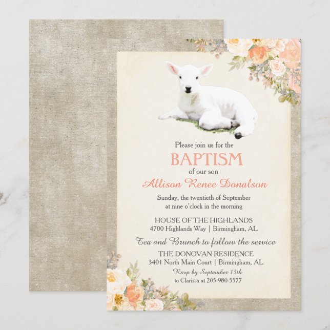 Little Lamb Baptism Floral Invitation (Front/Back)