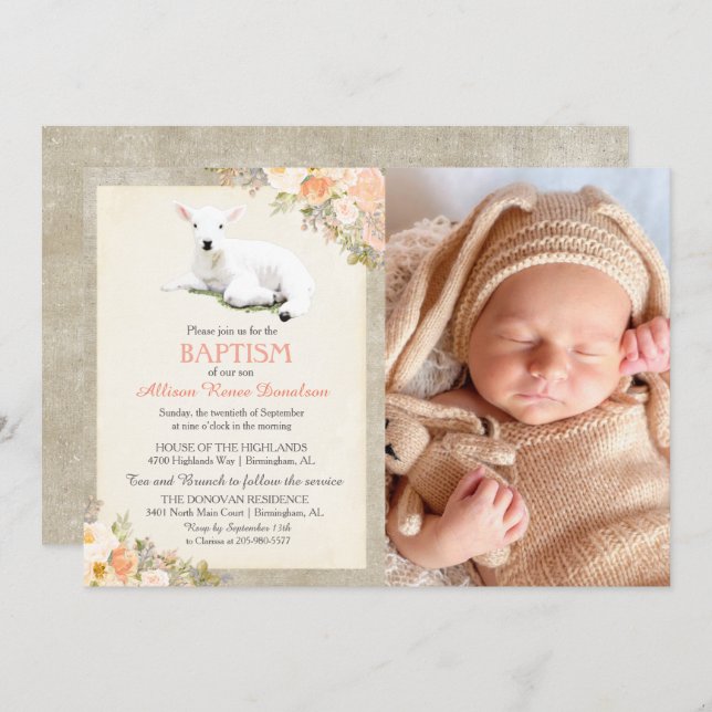 Little Lamb Baptism Floral Photo Invitation (Front/Back)
