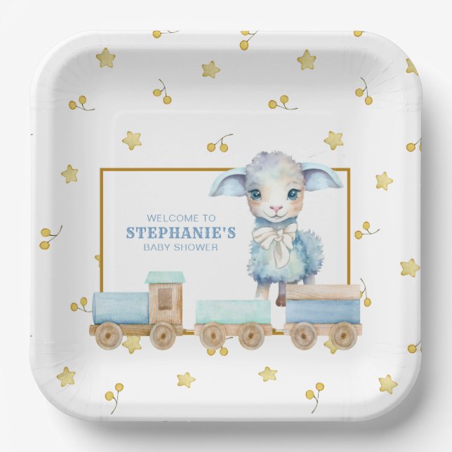 Little Lamb | Blue Baby Shower Paper Plates (Front)