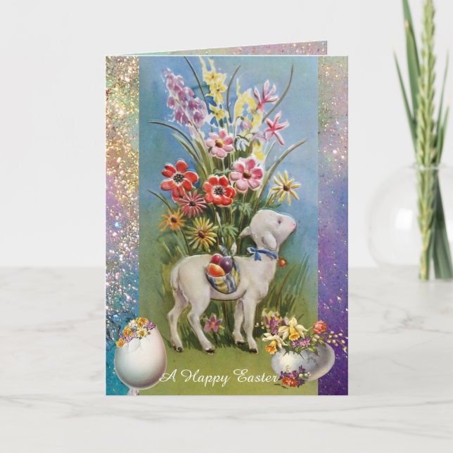 LITTLE LAMB,EASTER EGGS AND COLORFUL FLOWERS HOLIDAY CARD (Front)