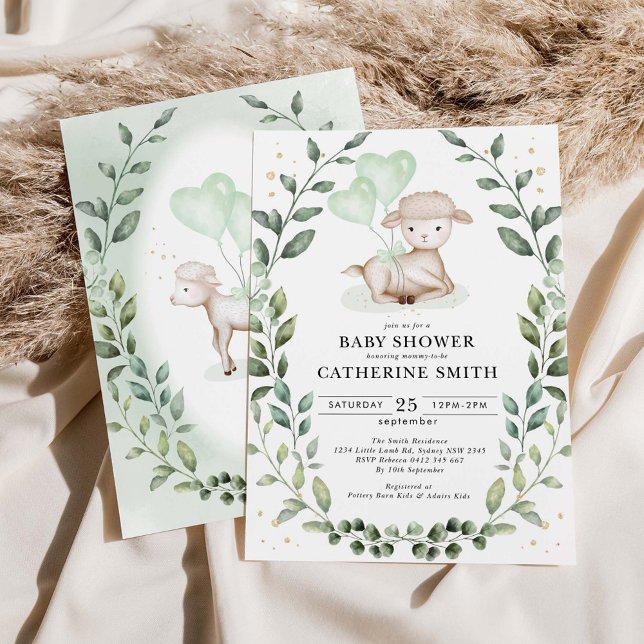 Little Lamb Eucalyptus Greenery Wreath Baby Shower Invitation (Creator Uploaded)