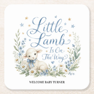 Little Lamb Is On The Way, Personalized Blue Water Square Paper Coaster