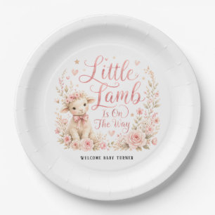 Little Lamb Is On The Way, Pink Floral Baby Shower Paper Plate