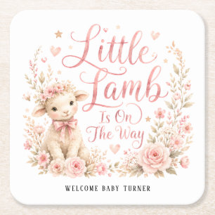 Little Lamb Is On The Way, Pink Floral Baby Shower Square Paper Coaster