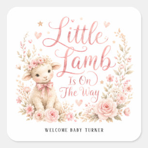 Little Lamb Is On The Way, Pink Floral Baby Shower Square Sticker