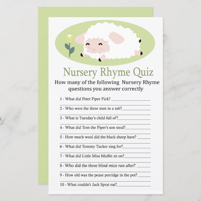 Little lamb Nursery Rhyme Quiz baby shower game (Front/Back)