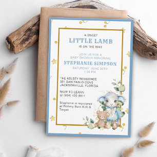 Little Lamb on the Way   Blue Baby Shower Invite