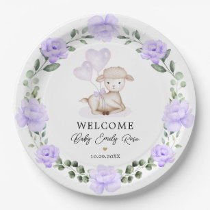 Little Lamb Purple Floral Greenery Welcome Baby  Paper Plate