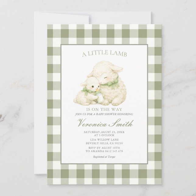 Little Lamb Sage Gingham Baby Shower Invitation (Front)
