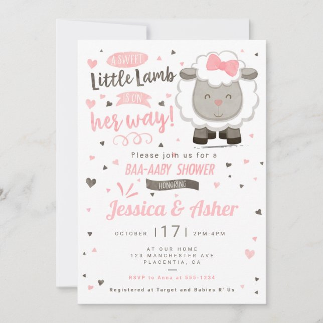 Little Lamb Sheep Baby Girl Shower Invitation (Front)