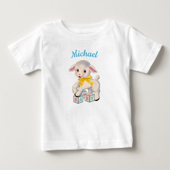 Little Lamb yellow ribbon personalised name  Baby T-Shirt (Front)