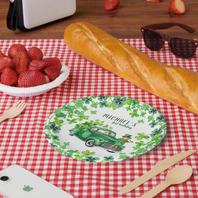 Little Leprechaun Truck Birthday Party Paper Plate (Picnic)