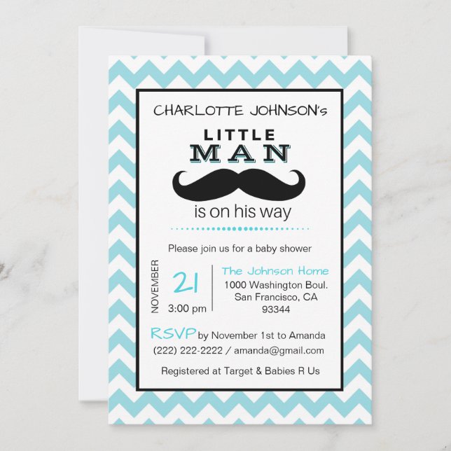 Little Lil' Man Moustache Boy Blue Baby Shower Invitation (Front)