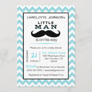 Little Lil' Man Moustache Boy Blue Baby Shower Invitation