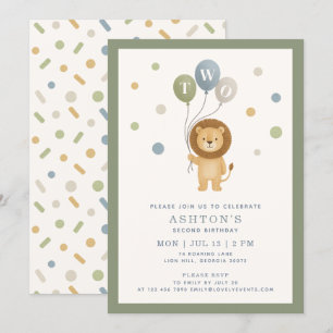 Little Lion & Confetti, green frame Boy Birthday Invitation