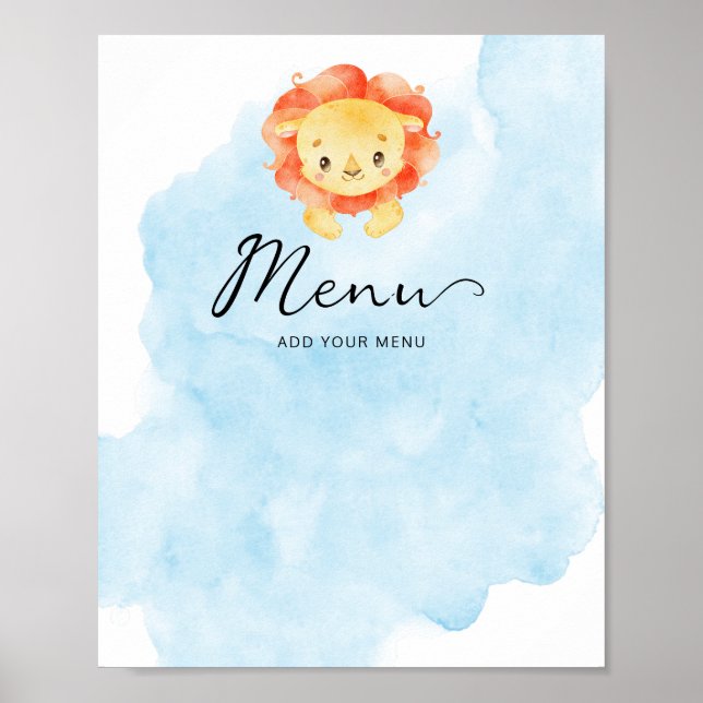Little Lion Its a Boy Watercolor Blue Menu Poster (Front)