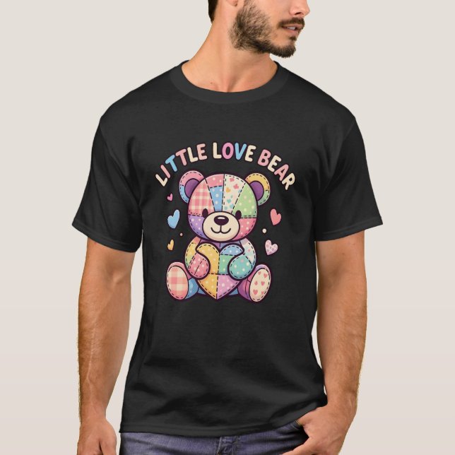 Little Love Bear Cute Patchwork Teddy Stitched Hea T-Shirt (Front)