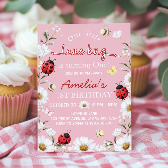 Little Love Bug Ladybug Daisy Birthday Party Invitation (Creator Uploaded)