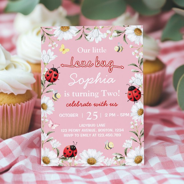 Little Love Bug Ladybug Daisy Floral Birthday Invitation (Creator Uploaded)