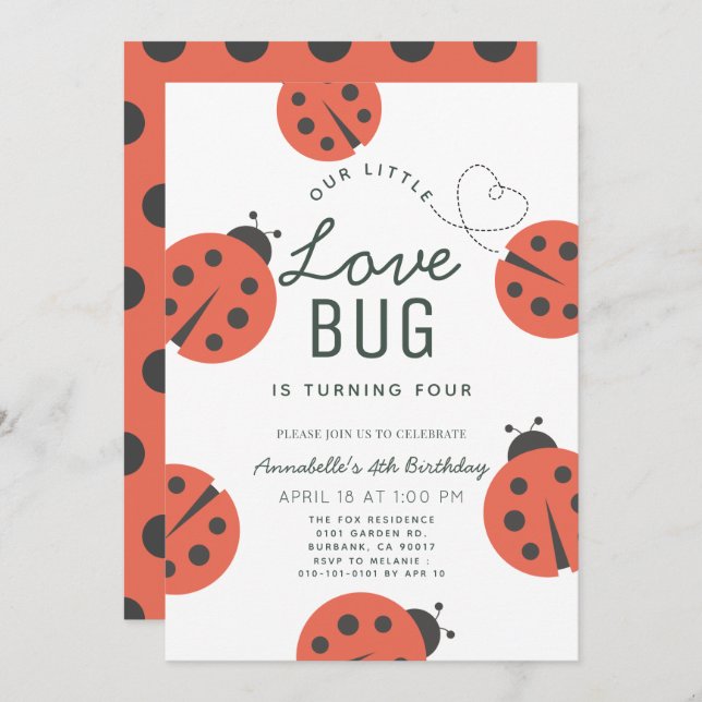 Little Love Bug Ladybug Girl Birthday Invitation (Front/Back)