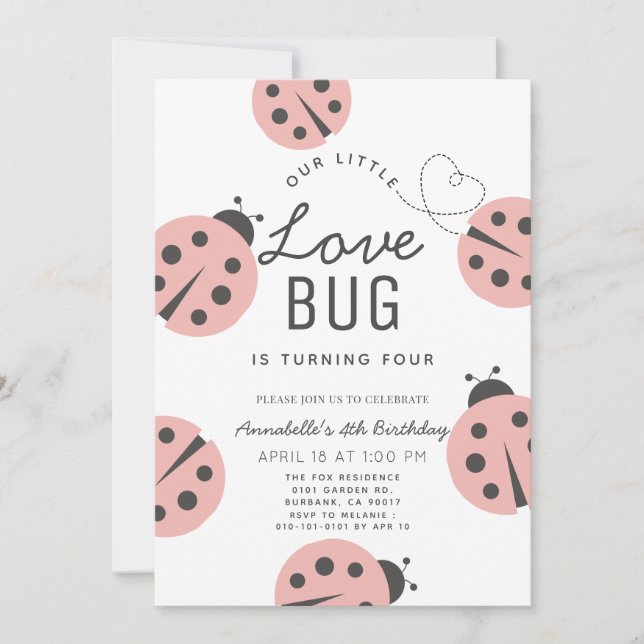 Little Love Bug Light Pink Ladybug Birthday Invitation (Front)