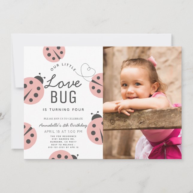 Little Love Bug Light Pink Ladybug Birthday Photo Invitation (Front)