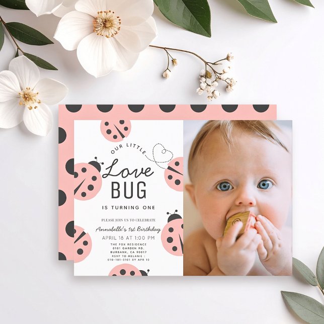 Little Love Bug Pink Ladybug 1st Birthday Photo Invitation (Creator Uploaded)