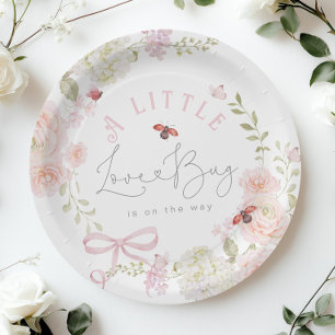 Little Love Bug Wildflower Pink Bow Baby Shower Paper Plate