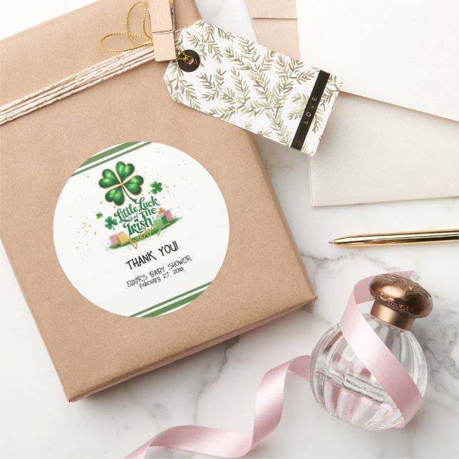 Little luck of Irish Shamrock Gold Baby Shower Classic Round Sticker (Gifting)