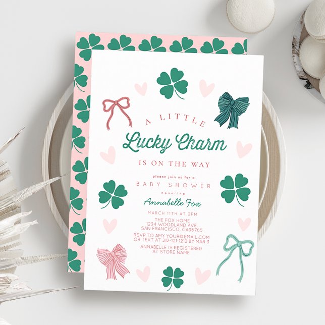 Little Lucky Charm Bow Shamrock Girl Baby Shower Invitation (Creator Uploaded)