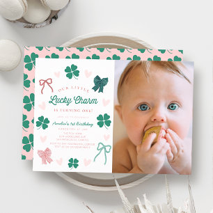 Little Lucky Charm Bow Shamrock Photo 1st Birthday Invitation