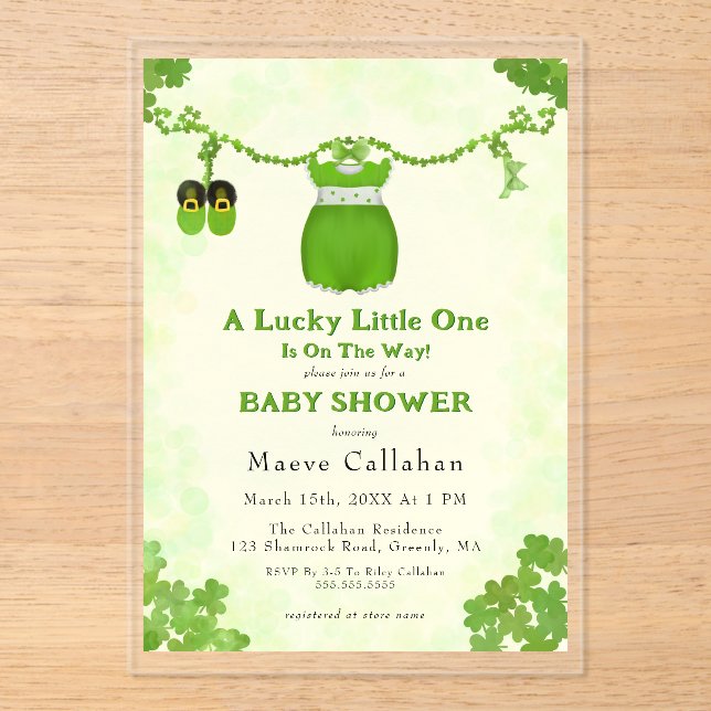 Little Lucky One Shamrock Baby Girl Outfit Acrylic Invitations (Front)