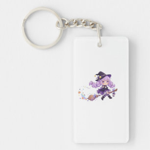Little Magic Girl Flying on a Wooden Broomstick Key Ring