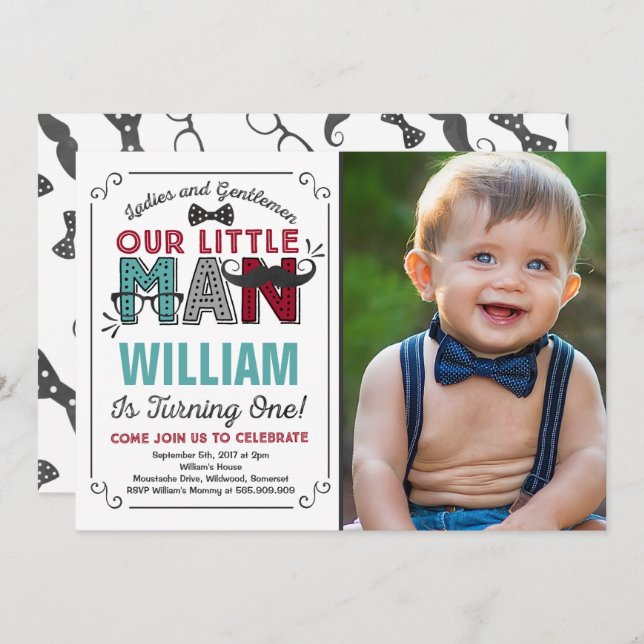 Little Man 1st Birthday Invitation Moustache Party (Front/Back)