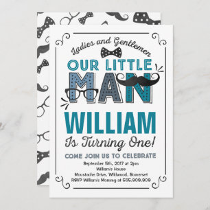Little Man 1st Birthday Invitation Moustache Party