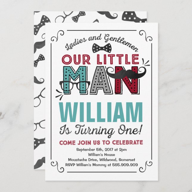Little Man 1st Birthday Invitation Moustache Party (Front/Back)