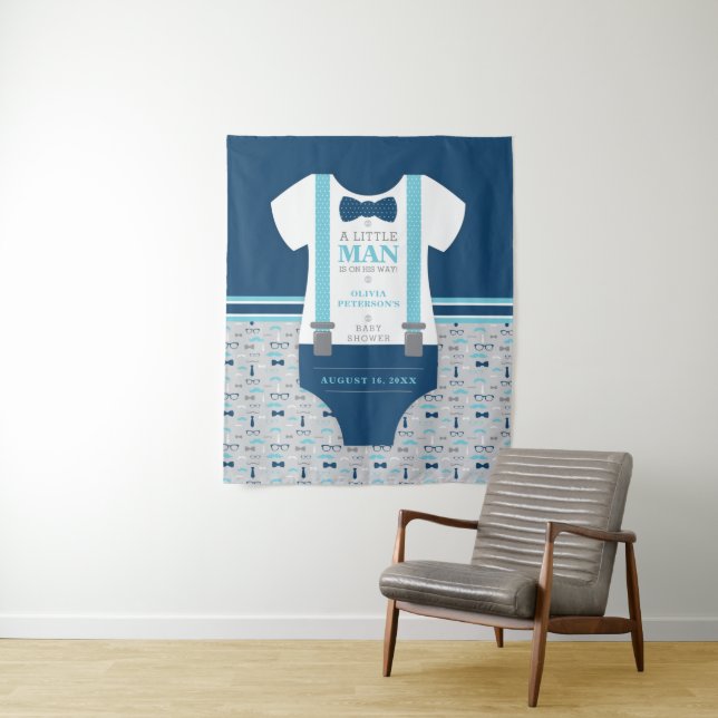 Little Man Baby Shower Backdrop, Navy, Grey Tapestry (In Situ)