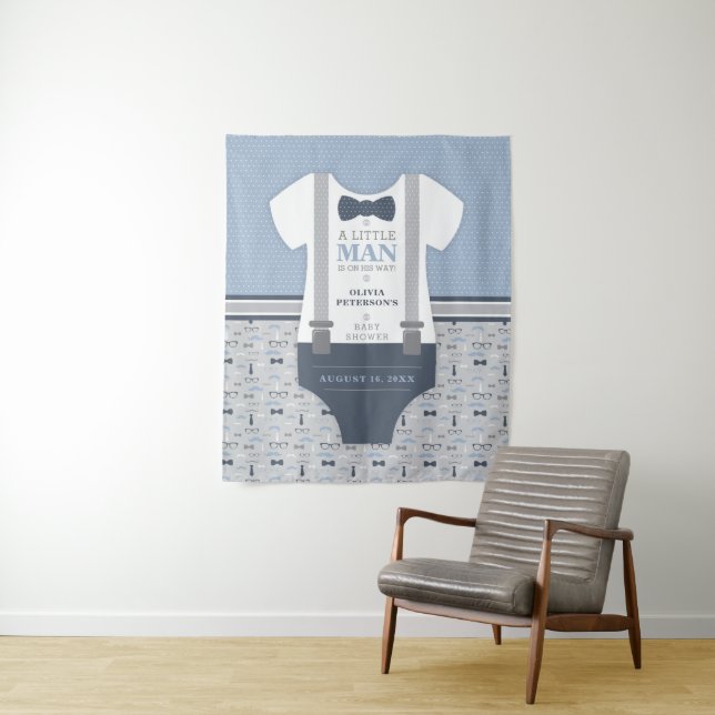 Little Man Baby Shower Backdrop, Navy, Grey Tapestry (In Situ)