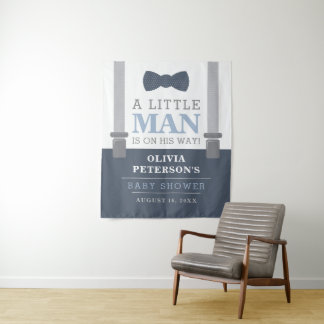Little Man Baby Shower Backdrop, Navy, Grey Tapestry