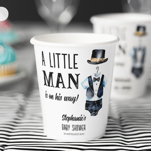 Little man baby shower black tuxedo monogrammed paper cups