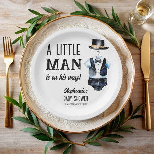 Little man baby shower black tuxedo monogrammed paper plate