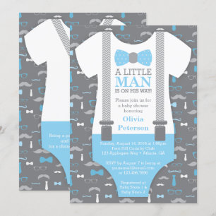 Little Man Baby Shower Invitation, Baby Blue, Grey Invitation