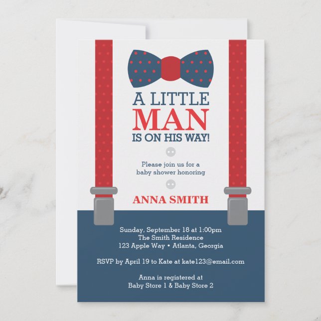 Little Man Baby Shower Invitation, Blue, Red Invitation (Front)