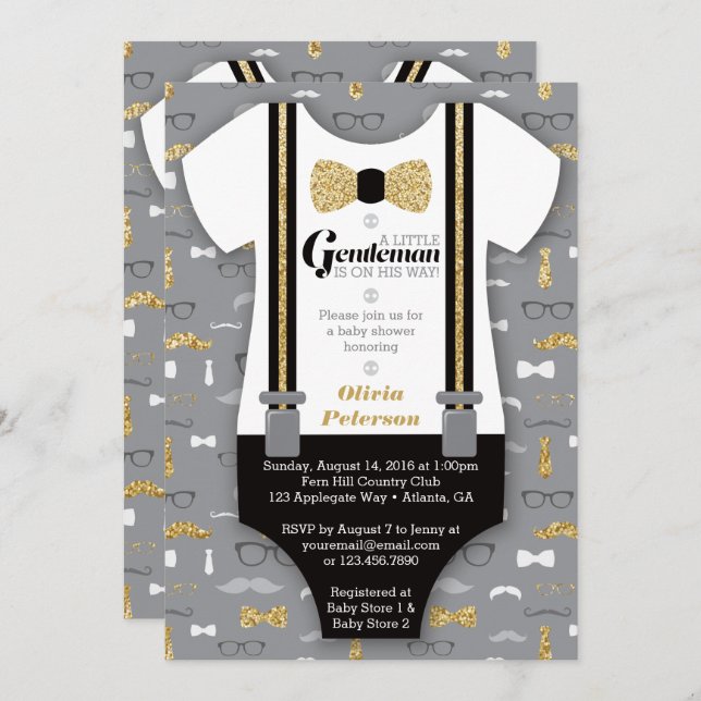 Little Man Baby Shower Invitation, Faux Glitter Invitation (Front/Back)