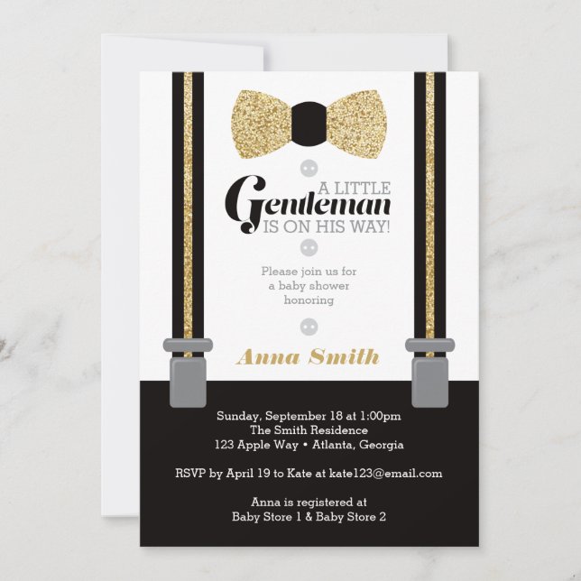 Little Man Baby Shower Invitation, Faux Glitter Invitation (Front)