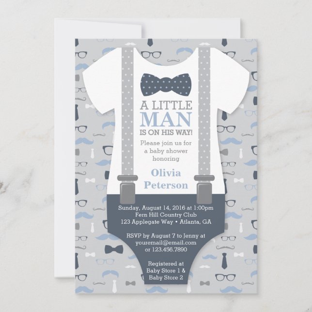 Little Man Baby Shower Invitation, Navy Blue, Grey Invitation (Front)