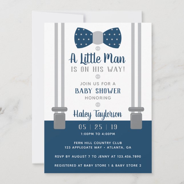 Little Man Baby Shower Invitation, Navy Blue, Grey Invitation (Front)
